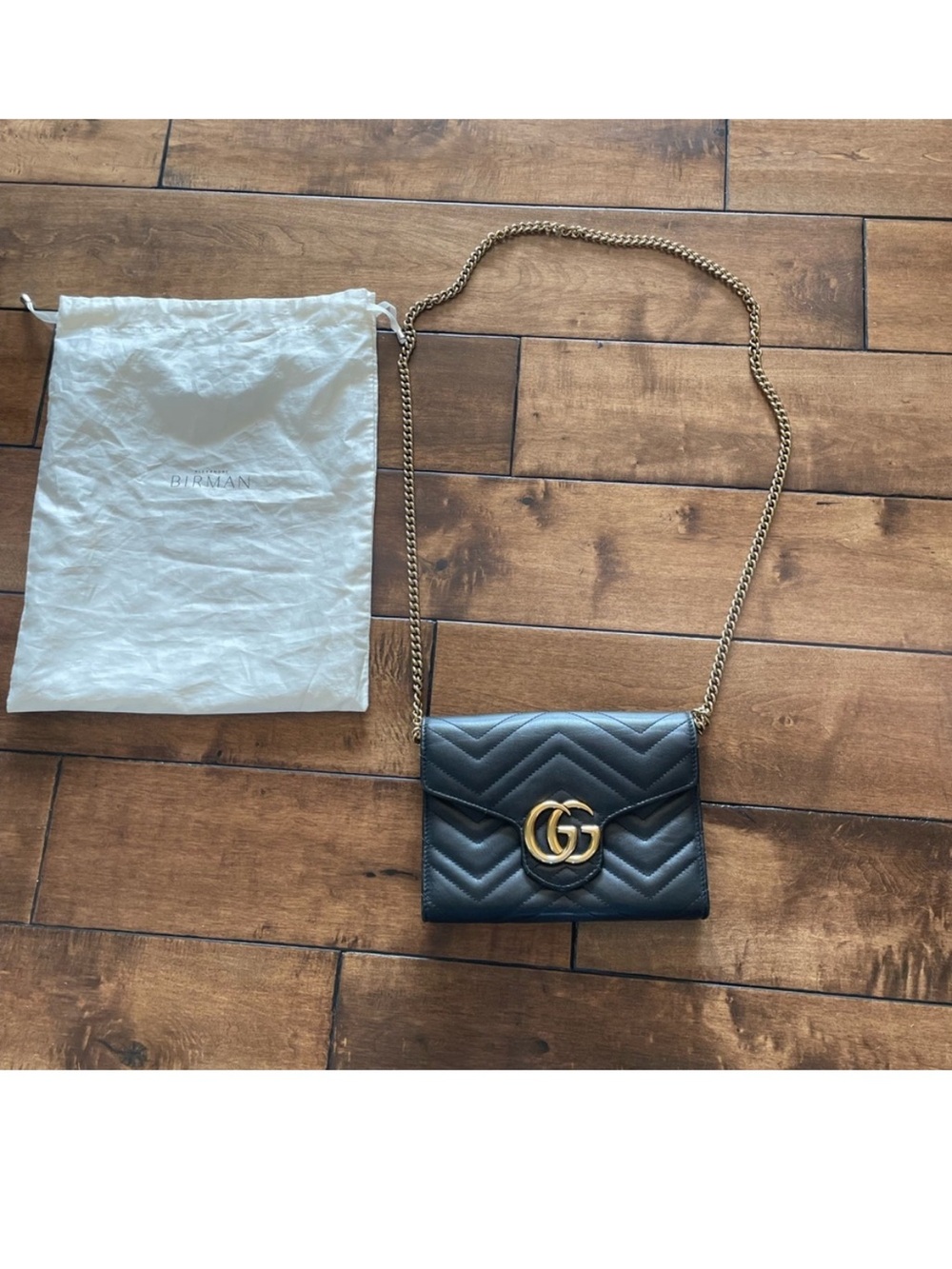 Authentic Gucci Black Chevron Quilted Crossbody with Gold Marmont GG